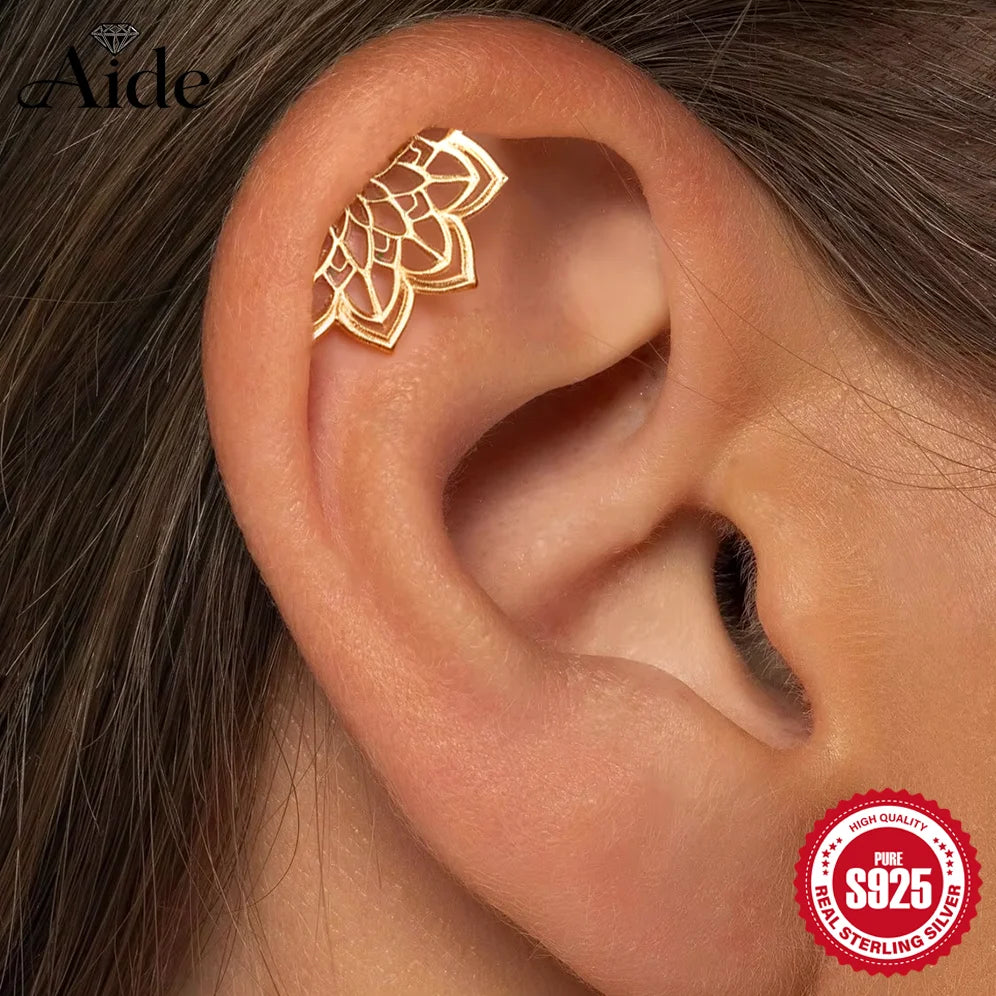 AIDE 925 Sterling Silver Shiny Hollow Lotus Flower Crown Flat Back Internal Thread Piercing Earring For Women INS Dainty Luxury