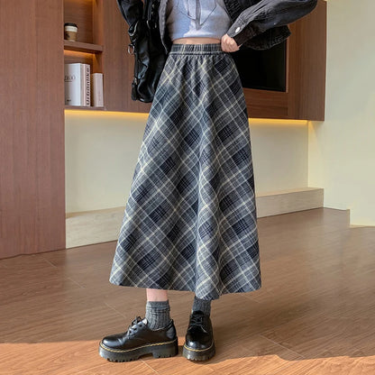 Women's Plaid Pleated A-Line Long Skirt