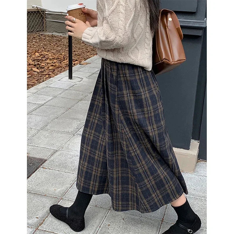 Women's Navy Plaid A-Line Wool Skirt
