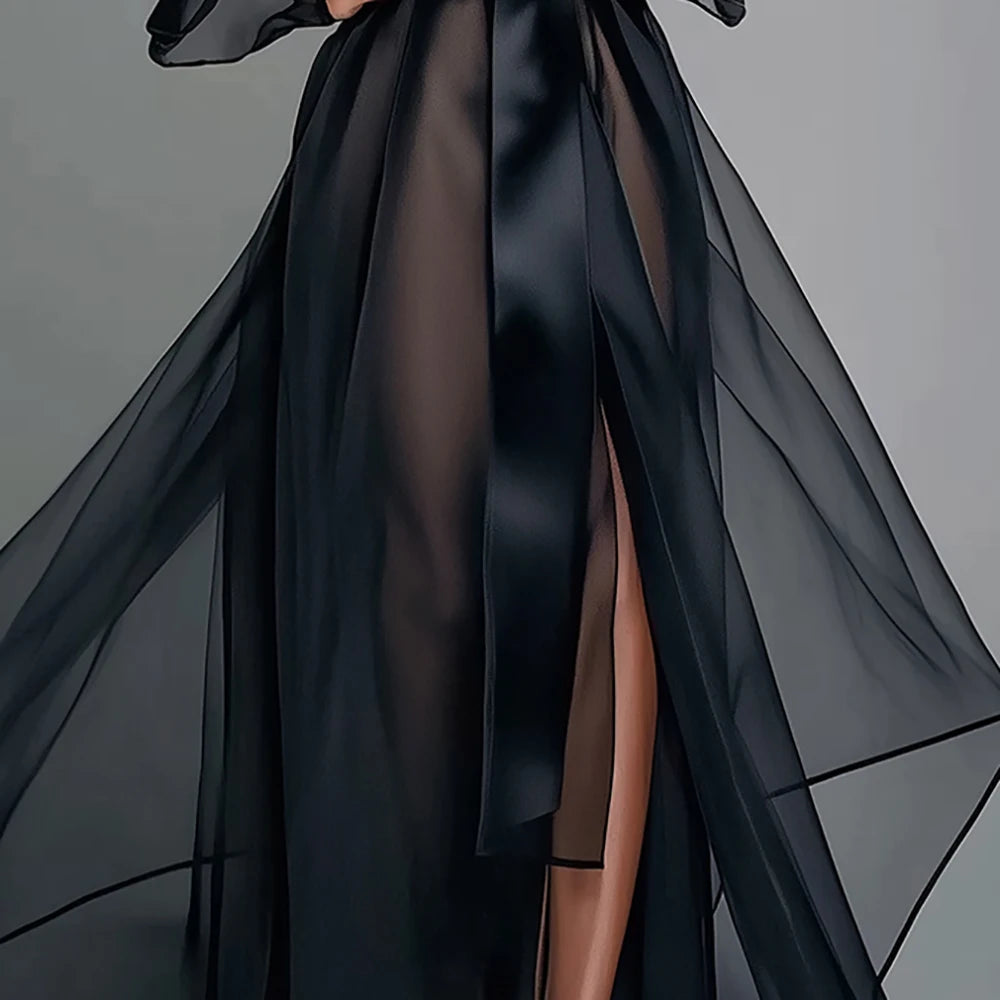 Organza See-Through Long Sleeve Lace Up Robe Maxi Dress Elegant Vintage Sexy V-Neck Sheer Mesh Split Hem Casual Maxi Dresses
