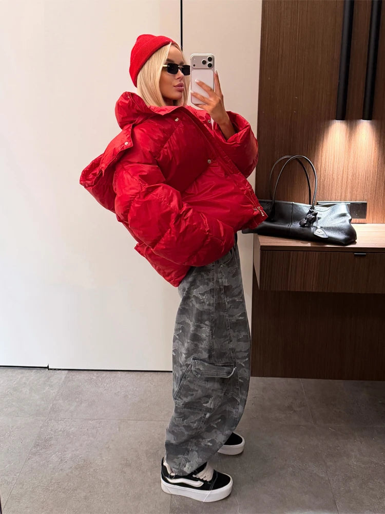 Women Bright Red Hooded Puffer Jacket Oversized Collar Horizontal Quilted Thick Padded Cropped Coat Warm Outerwear Winter Coats