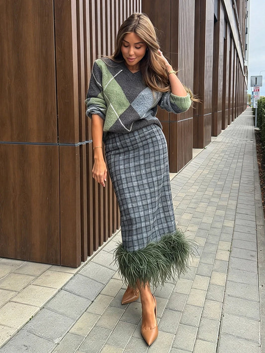 Women's Plaid Fringe-Hem Skirt