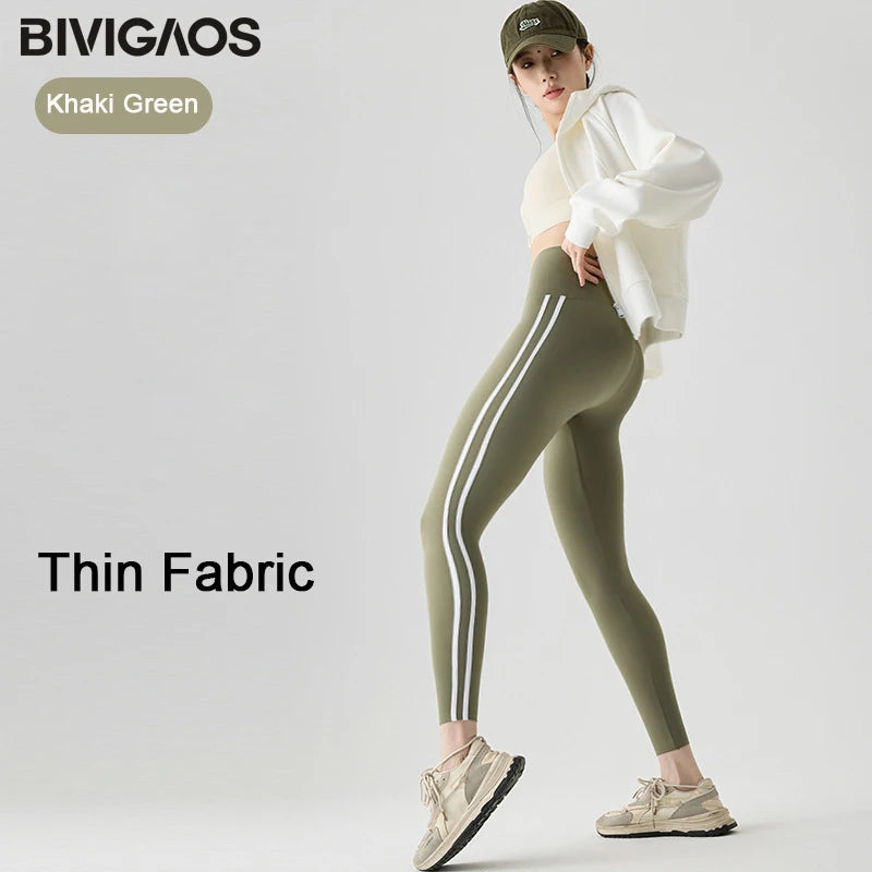 BIVIGAOS New Autumn White Striped Light Fleece Leggings Women Winter Pants High Waist Slim Velvet Thick Sport Warm Leggings