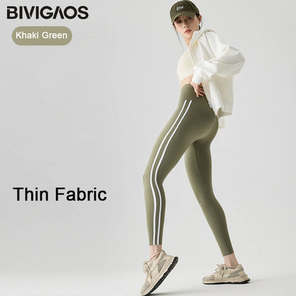 BIVIGAOS New Autumn White Striped Light Fleece Leggings Women Winter Pants High Waist Slim Velvet Thick Sport Warm Leggings