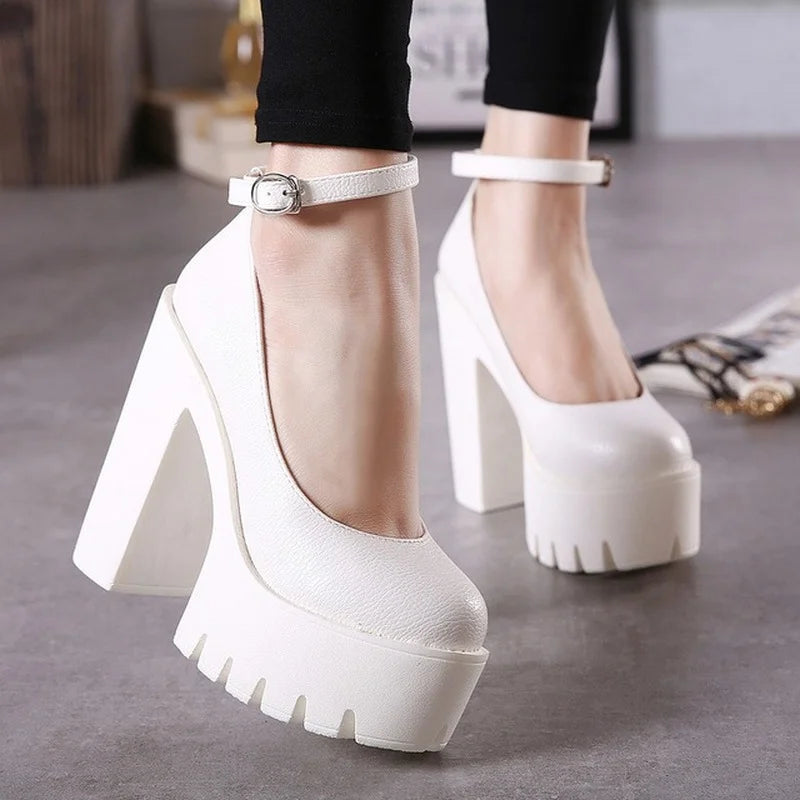 Spring Autumn Casual High Heels Shoes Sexy Chunky Heel Platform  Shoes White Black Size 42 Single shoes