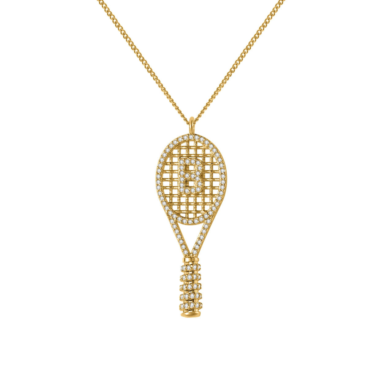 Qitian Custom Initial A‑Z Tennis Racket Necklace 18KGoldPlated Stainless Steel Zircon Pendant Fashion Sport Jewelry Gift Women
