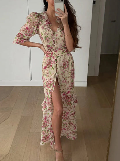 Organza Floral Printed Maxi Dress Women V Neck High Split Puff Sleeve Waist Cinching Ruffle Long Dresses Vacation Summer Outfits