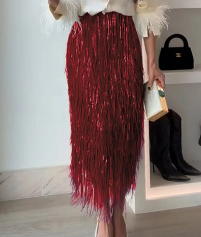 Women Chic Tassel Sequin Irregular Long Skirt High Waist A-line Casual Skirts 2026 Summer Autumn Lady Shiny Street Party Clothes