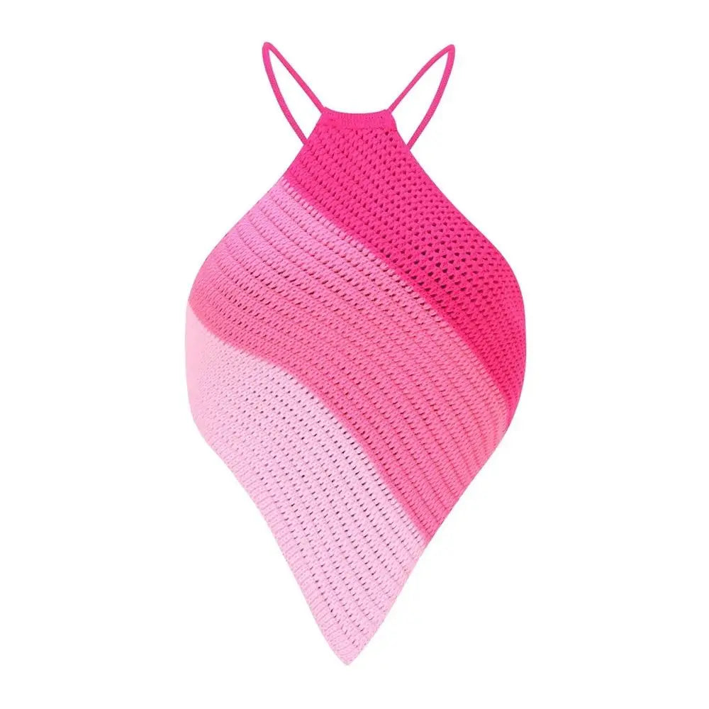 Backless Tank Top Summer Sleeveless Striped Vest Top Asymmetrical Color Lump Halter Crop Top Women