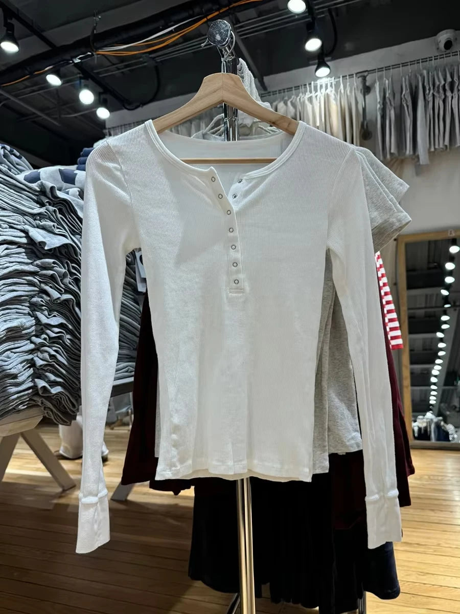 Retro White Ribbed Button T-shirts Women Spring Cotton Round Neck Long Sleeve Tees Female Y2k Streetwear Casual T Shirt Tops