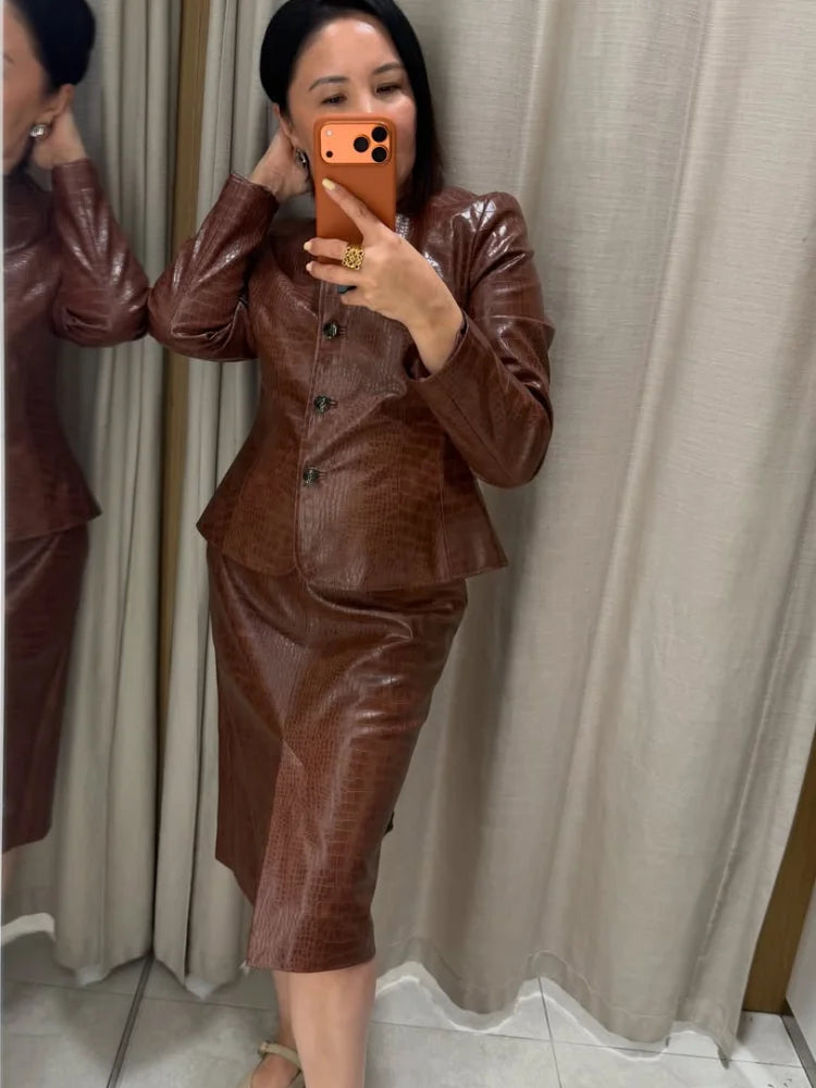 Casual Women's Pu Leather Jacket Slim Single Breasted O-neck Lady Solid Coats 2026 Autumn Fashion Female Street Outerwear