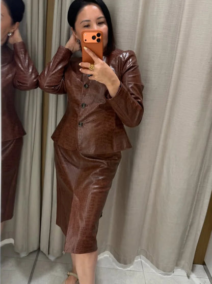 Casual Women's Pu Leather Jacket Slim Single Breasted O-neck Lady Solid Coats 2026 Autumn Fashion Female Street Outerwear
