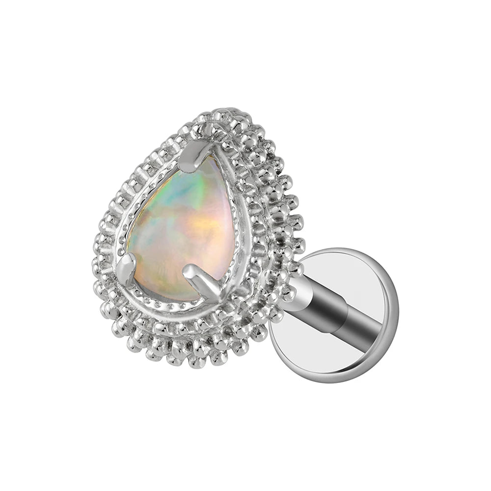 Right Grand ASTM F136 Titanium Pear Teardrop Opal& CZ Piercing Jewelry Flat Back Stud Cartilage Earring for Conch Helix Tragus