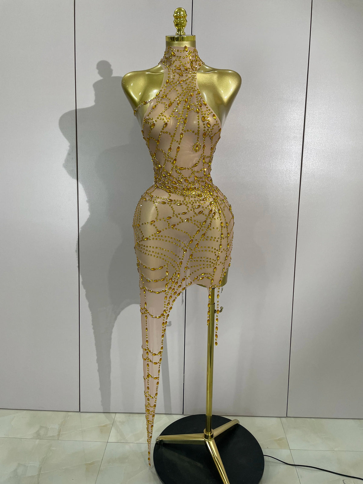 New Sparkly Diamonds Sexy Mesh Asymmetric Stretch Mini Dress Women Nightclub Bar Party Show Gogo Dancer Halloween Stage Costume