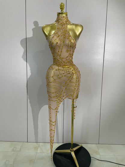 New Sparkly Diamonds Sexy Mesh Asymmetric Stretch Mini Dress Women Nightclub Bar Party Show Gogo Dancer Halloween Stage Costume