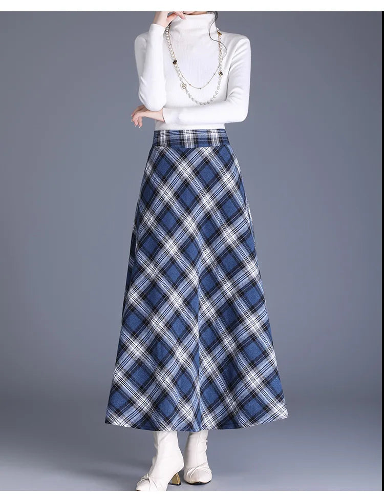Fairyshely 2026 Winter Brown Plaid Woolen Long Skirt Women Autumn Warm High Waist Midi Skirt Ladies Elegant Thick Pleated Skirt