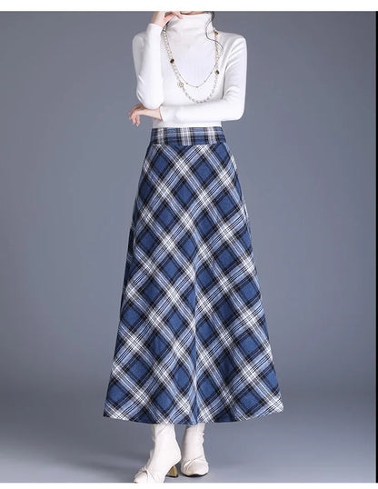 Fairyshely 2026 Winter Brown Plaid Woolen Long Skirt Women Autumn Warm High Waist Midi Skirt Ladies Elegant Thick Pleated Skirt