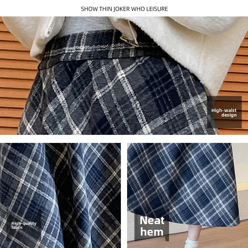 Plaid Woolen  Skirt Women's High Waist Slim A-Line Midi Spring Autumn Seasonal Umbrella Skirt Fashionable Ladies' Skirt
