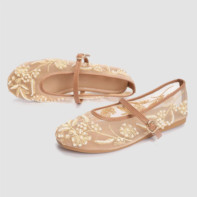 Embroidery String Bead Mesh Ballet Flats Women Fashion White Pearl Mary Jane Shoes Light Summer Flats Elegant Cozy Flat Sandals