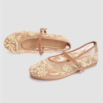 Embroidery String Bead Mesh Ballet Flats Women Fashion White Pearl Mary Jane Shoes Light Summer Flats Elegant Cozy Flat Sandals