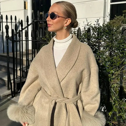 Retro Faux Fur Patchwork Woolen Maxi Coat Women Solid Full Sleeves V-neck Lace Up Loose Coats Lady Winter Commute Outwear New