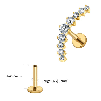 Right Grand ASTM F136 Titanium Arc CZ Cluster Labret Curved Bar Flat Back Stud Earring Helix Cartilage Conch Piercing Jewelry