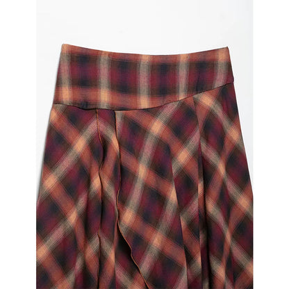 YENKYE Women Multicolored Plaid Midi Skirt High Waist Double-layer Sexy Slit Asymmetrical Skirts