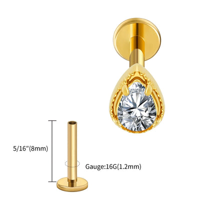 Right Grand ASTM F136 Titanium Teardrop CZ Cartilage Earring Threaded Labret Stud 16G Tiny Pear CZ Helix Conch Earlobe Piercing
