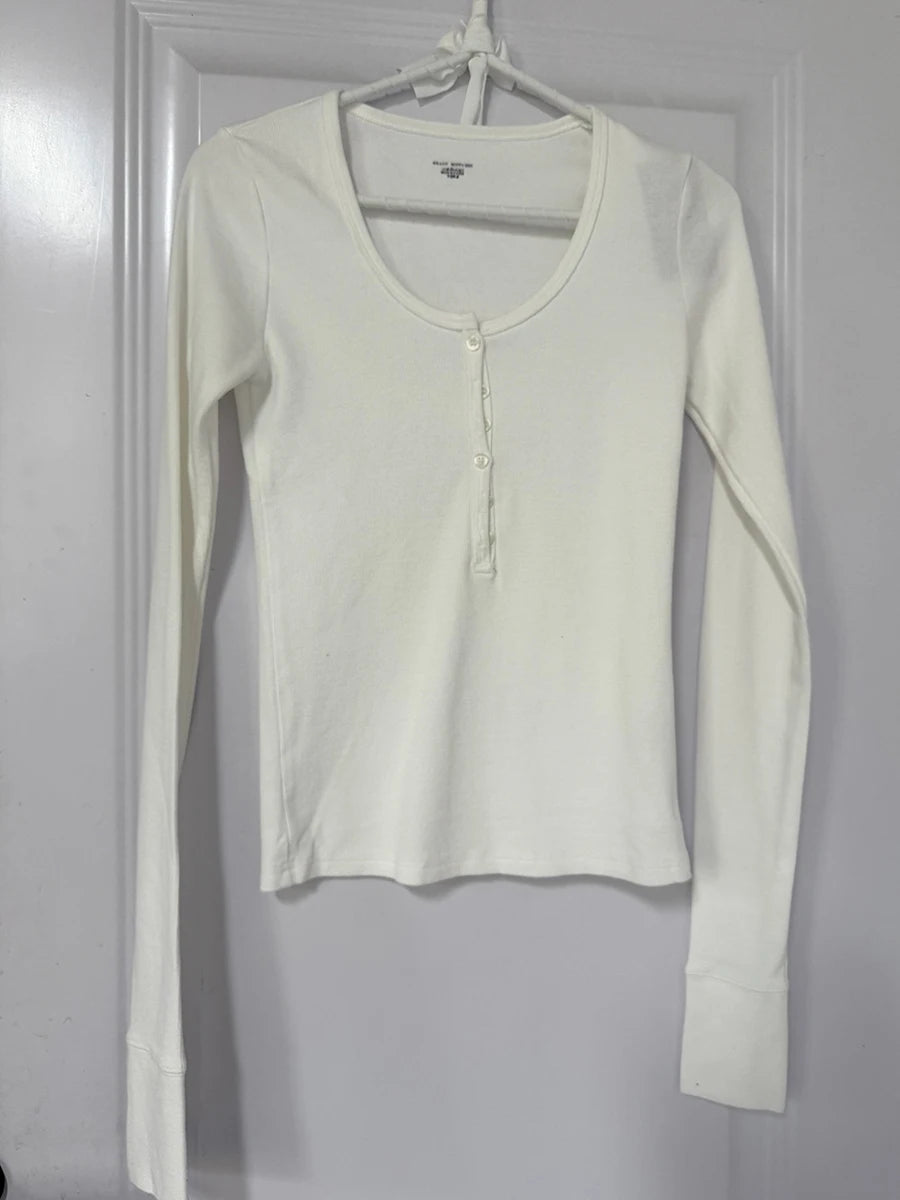 Retro White Ribbed Button T-shirts Women Spring Cotton Round Neck Long Sleeve Tees Female Y2k Streetwear Casual T Shirt Tops