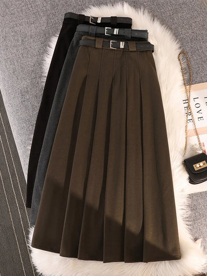 Grey woolen pleated skirt for women in autumn and winter skirt high waisted casual large hemA-line medium length skirt