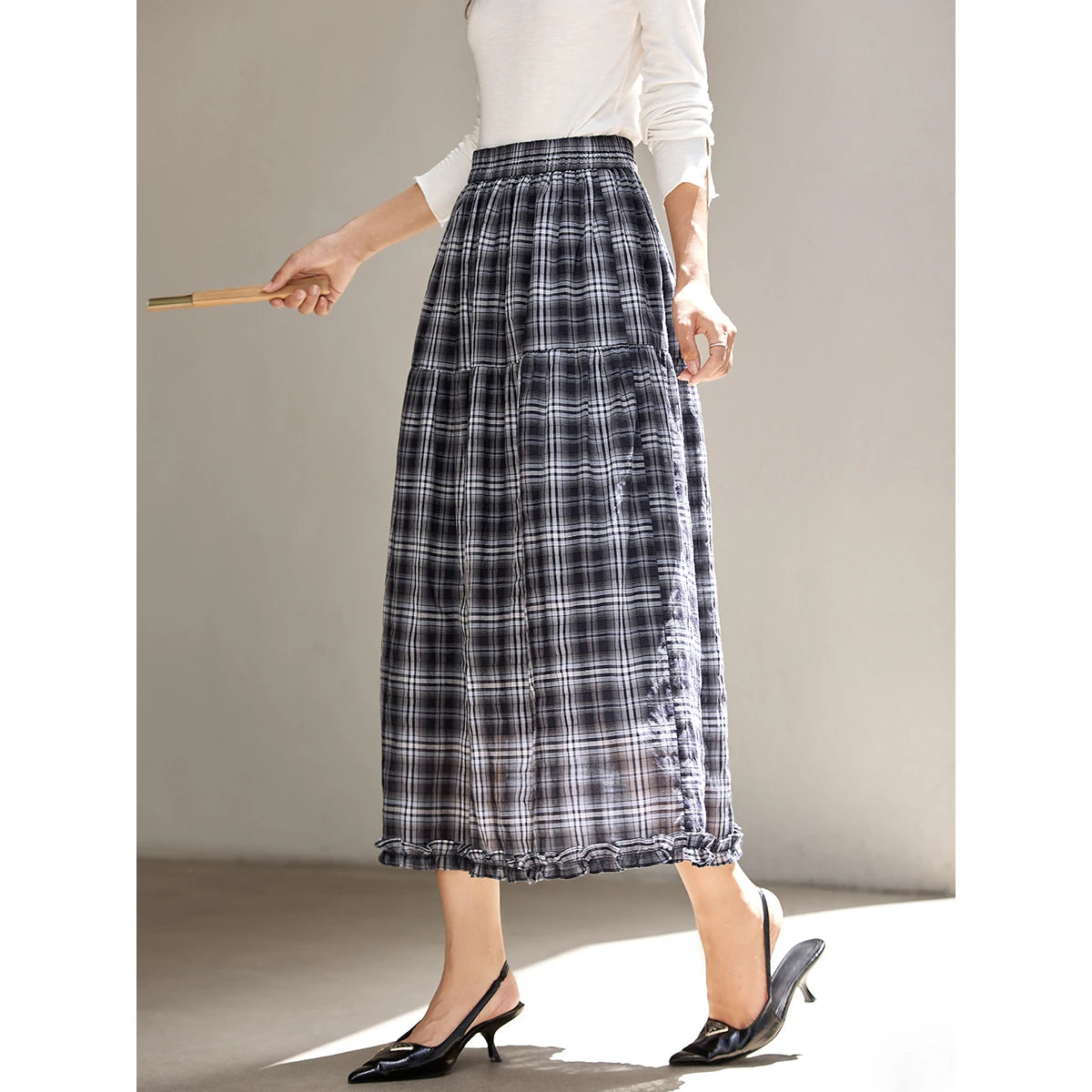 VIMLY Women's Vintage Plaid Skirt 2026 Autumn Casual Vintage Skirts Design Midi Skirt Commute Ruffle A-line Female Skirt A2980