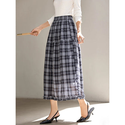 VIMLY Women's Vintage Plaid Skirt 2026 Autumn Casual Vintage Skirts Design Midi Skirt Commute Ruffle A-line Female Skirt A2980