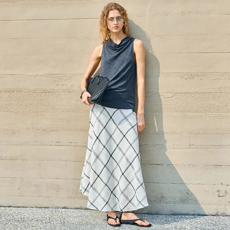 Women's Linen Plaid Long Skirt Summer New Casual Vacation Cotton Linen Skirt Asymmetrical Flowy Loose Ladies Midi Skirts