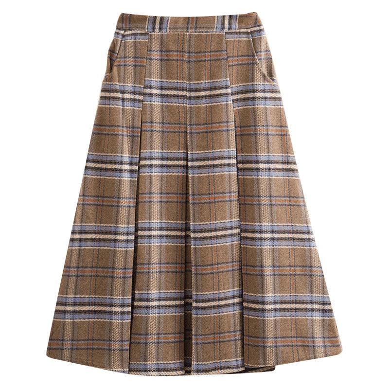OLrain Women's Plaid Pleated Skirts Autumn 2026 French Style A-line Vintage Spliced Wool Blend High-waist Midi Skirt O23DB89110