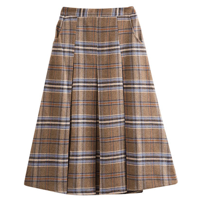 OLrain Women's Plaid Pleated Skirts Autumn 2026 French Style A-line Vintage Spliced Wool Blend High-waist Midi Skirt O23DB89110