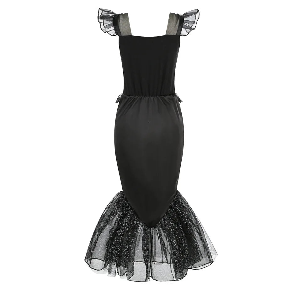 2-10Yrs Girls Halloween Party Skeleton Print Mermaid Princess Dress Gothic Style Black Trumpet Skirt Siren Ariel Cosplay Costume