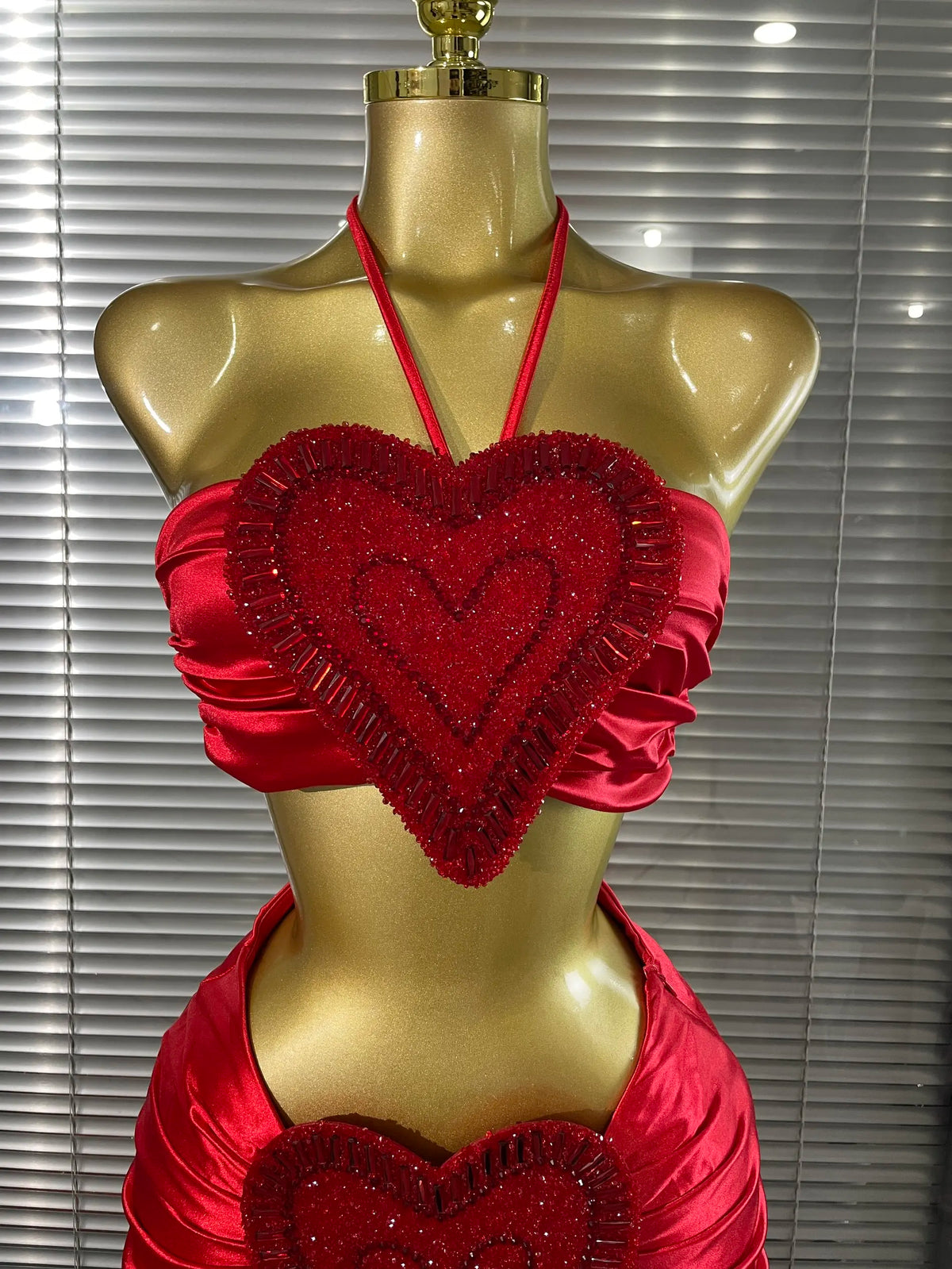 Shining Rhinestones Heart Women Sexy Halter 2 Pieces Bodycon Long Maxi Dress Nightclub Party Celebrate Performance Costumes