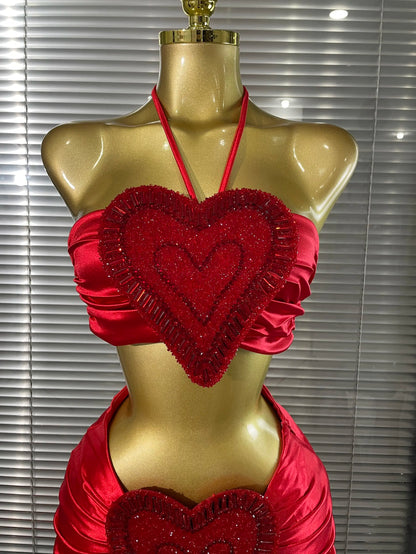 Shining Rhinestones Heart Women Sexy Halter 2 Pieces Bodycon Long Maxi Dress Nightclub Party Celebrate Performance Costumes