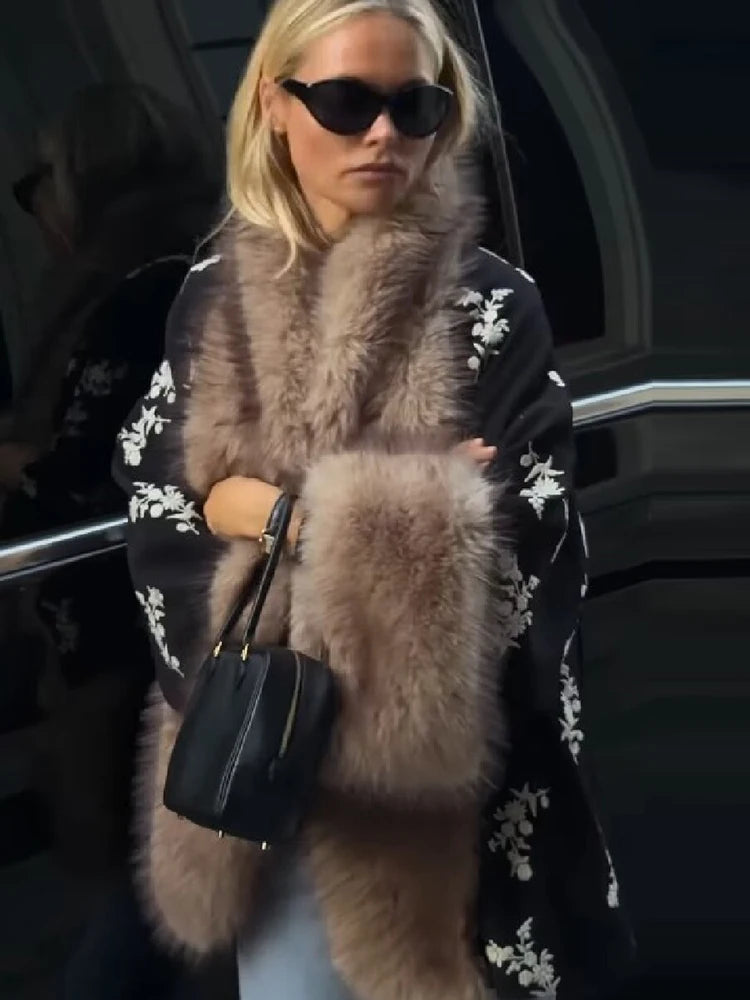 Luxury Floral Print Faux Fur Trim Cape Coat Women Open Front Fluffy Collar Cuffs Loose Cardigan Winter Fall Party Outerwear New
