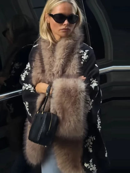 Luxury Floral Print Faux Fur Trim Cape Coat Women Open Front Fluffy Collar Cuffs Loose Cardigan Winter Fall Party Outerwear New