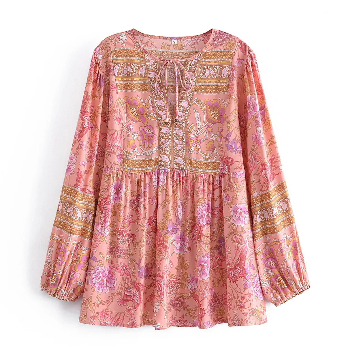 Happie Queens Fashion Women Pink Floral Printed Tie Neck Bohemian Shirt Ladies Long Sleeve Rayon Boho Shirts Blusas Tops