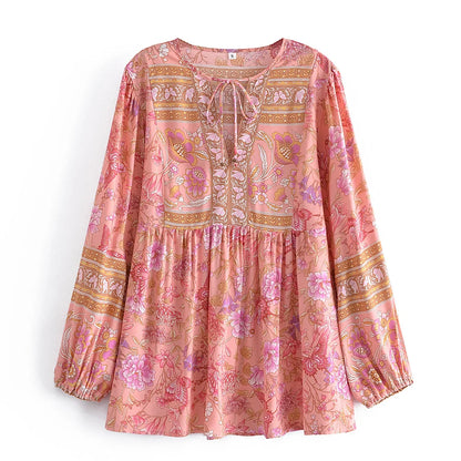 Happie Queens Fashion Women Pink Floral Printed Tie Neck Bohemian Shirt Ladies Long Sleeve Rayon Boho Shirts Blusas Tops