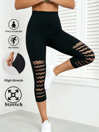 New Black Openwork Mesh Capris Leggings Stretchy Breathable Soft Sports Fitness Pants Everyday Wear Stylish Casual Tights