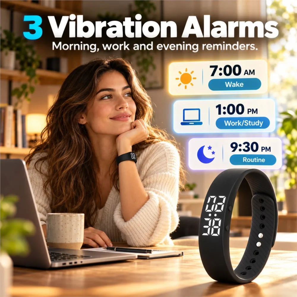 Vibrating Alarm Clock Wrist Band for Heavy Sleepers Silent Reminder Snooze-proof Smart Bracelet for Pedometer Estimated Calories