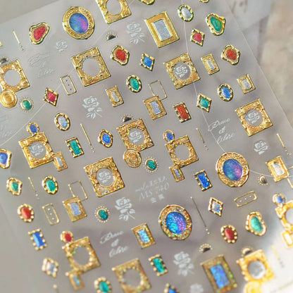 Elegant Gold Scepter 5D Nail Art Stickers Gorgeous Gemstone Luxury Courtly Pattern Necklace Frame Self Adhesive Manicure Decals