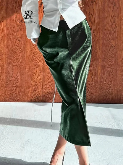 SINGREINY Faux Crocodile Grain Leather Split Skirts Autumn Women Fashion Straight Minimalist American Retro Green Long Skrits