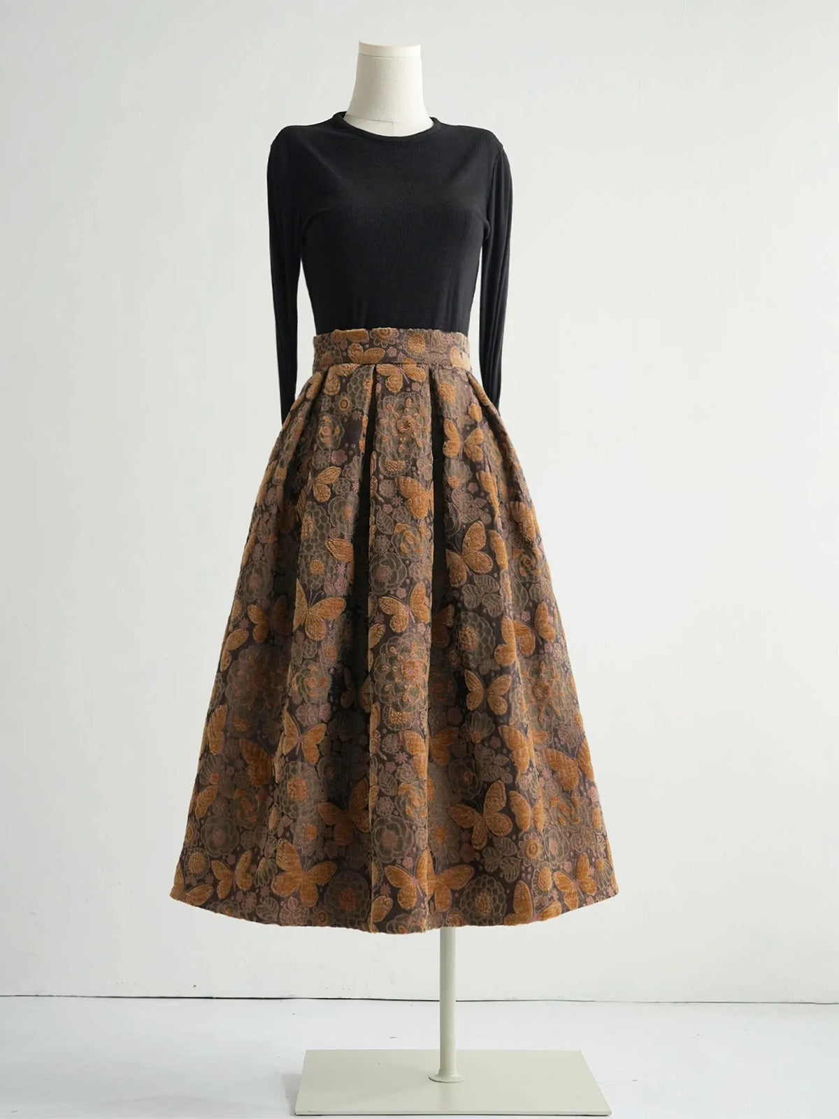 High Quality New Autumn Winter Vintage Butterfly Jacquard Mid-long Umbrella Skirt Elegant High Waist Casual Women Woolen Skirts