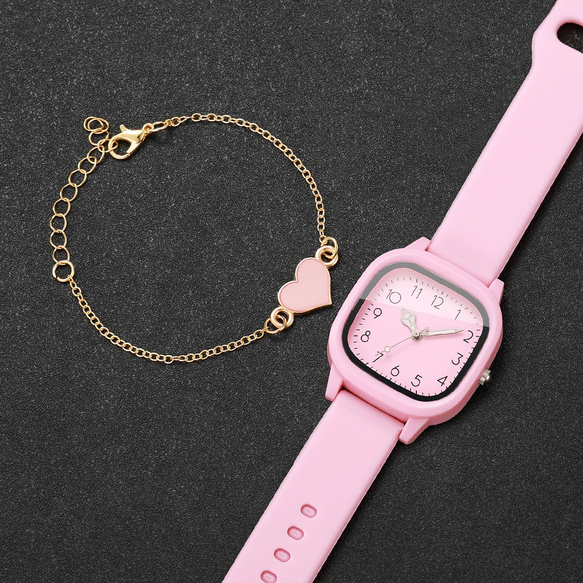 2PCS Fashion Square Women Watch Heart Bracelet Set Casual Pink Silicone Strap Quartz Wristwatch Relogio Feminino(Without Box)