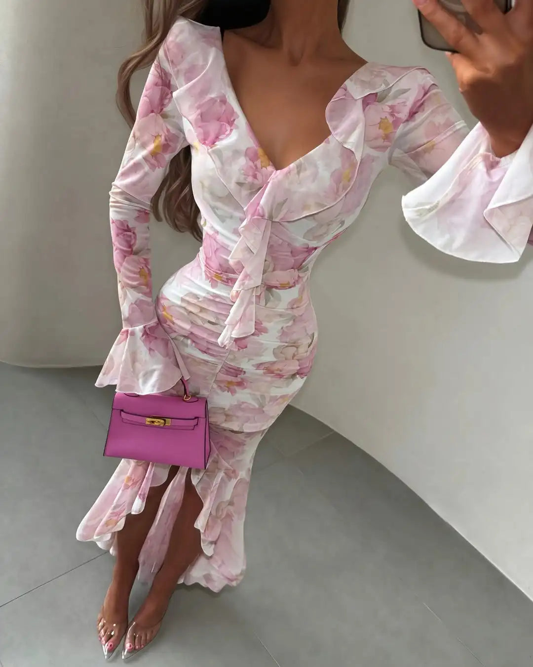 Organza Floral Printed Maxi Dress Women V Neck High Split Puff Sleeve Waist Cinching Ruffle Long Dresses Vacation Summer Outfits