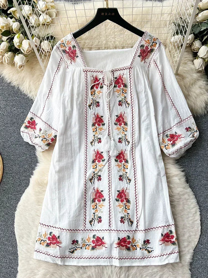 Women Summer Dress Retro Ethnic Style Square Neck Quarter Sleeve Embroidered Loose A-line Holiday Style First Love Dress D3980